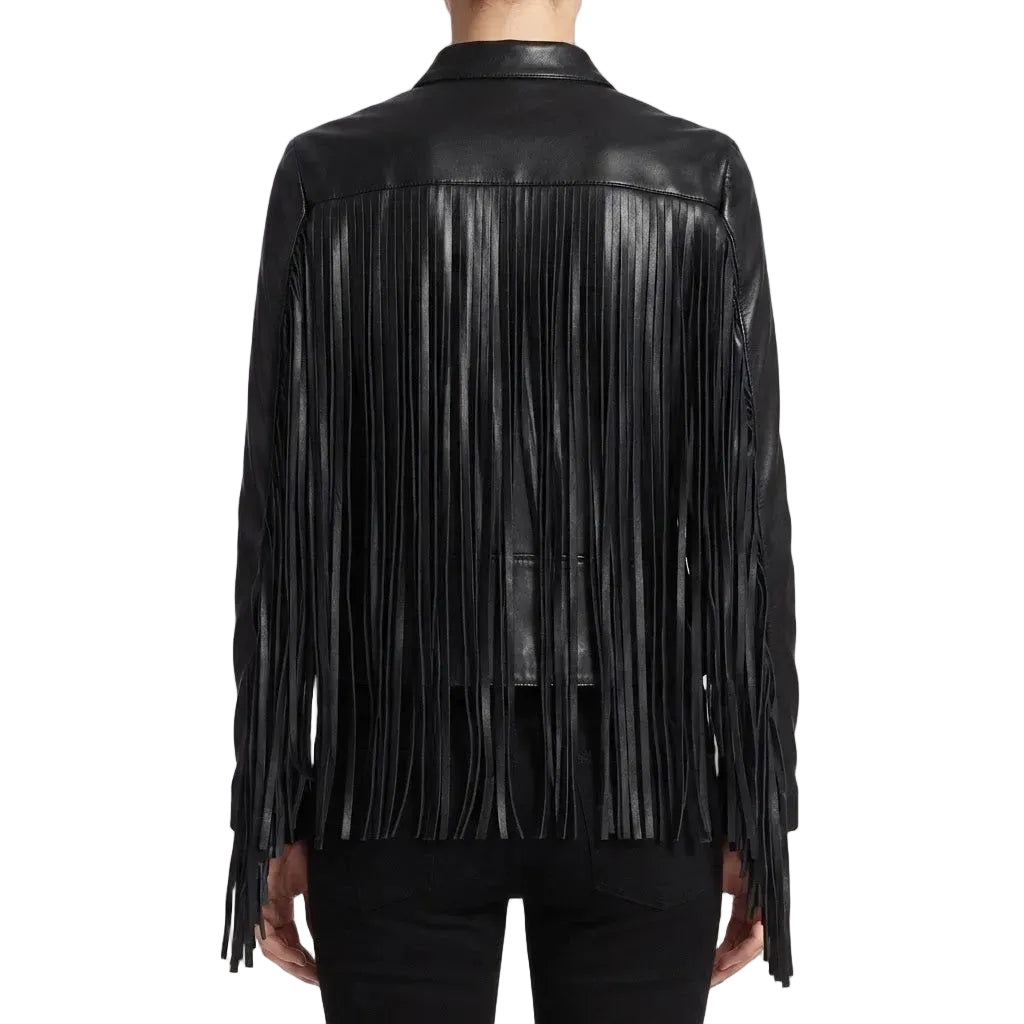 A black leather fringe jacket shown from the back on a model, featuring long hanging fringe detailing and a high collar, set against a plain white background.