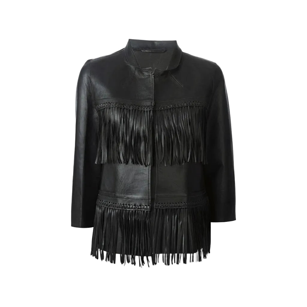 A black leather jacket with long fringe detailing across the chest and hem, displayed on a clean white background.
