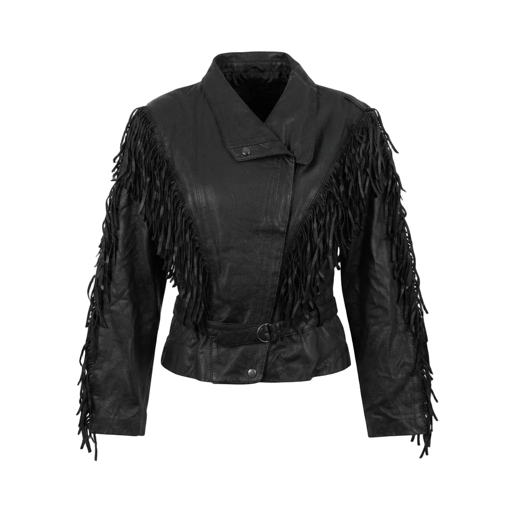 A black faux leather moto jacket with long fringe detailing on the sleeves and collar, a belted waist, and an asymmetrical snap closure, shown against a plain white background.