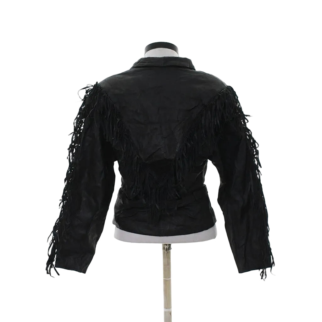 Black faux leather fringe jacket shown from the back on a mannequin torso, featuring long fringed sleeves and a pointed collar.