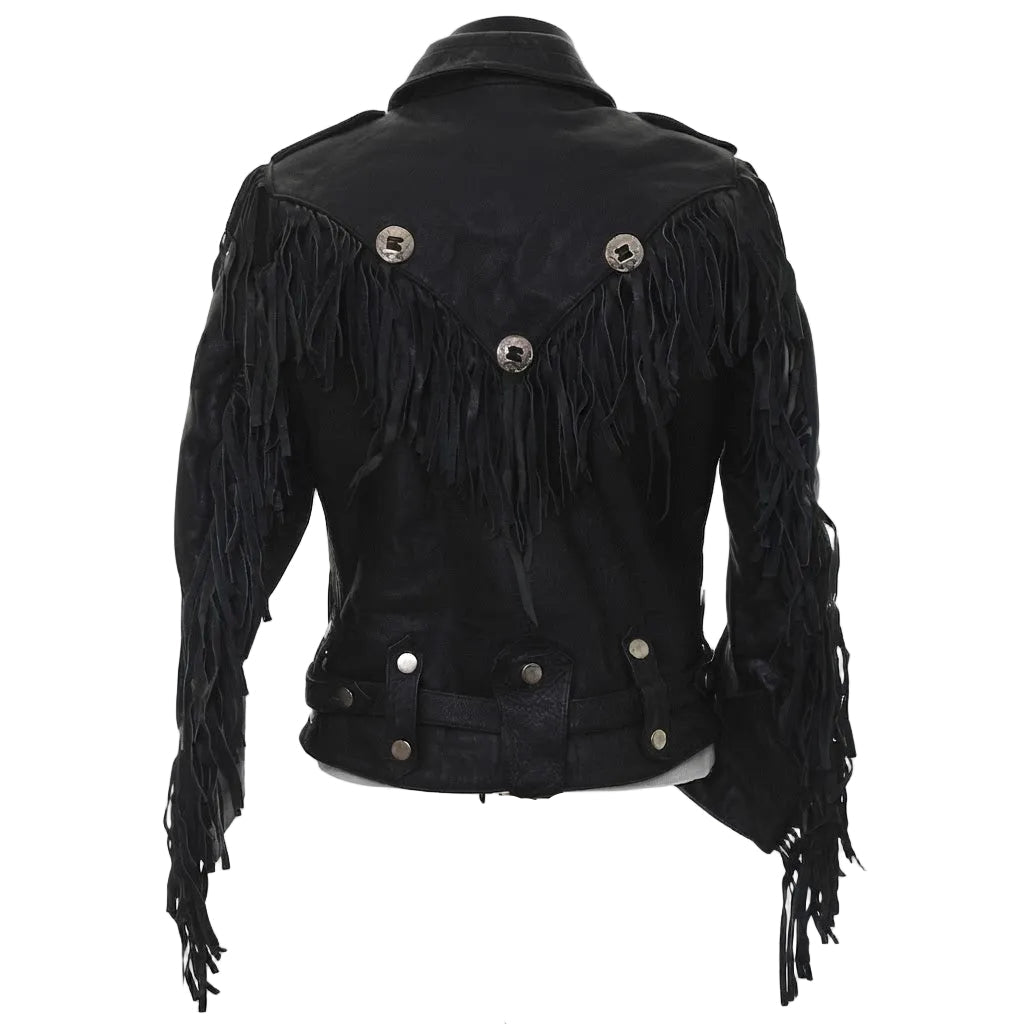 Black leather fringe jacket with silver-tone snap buttons, displayed on a mannequin torso against a white background.