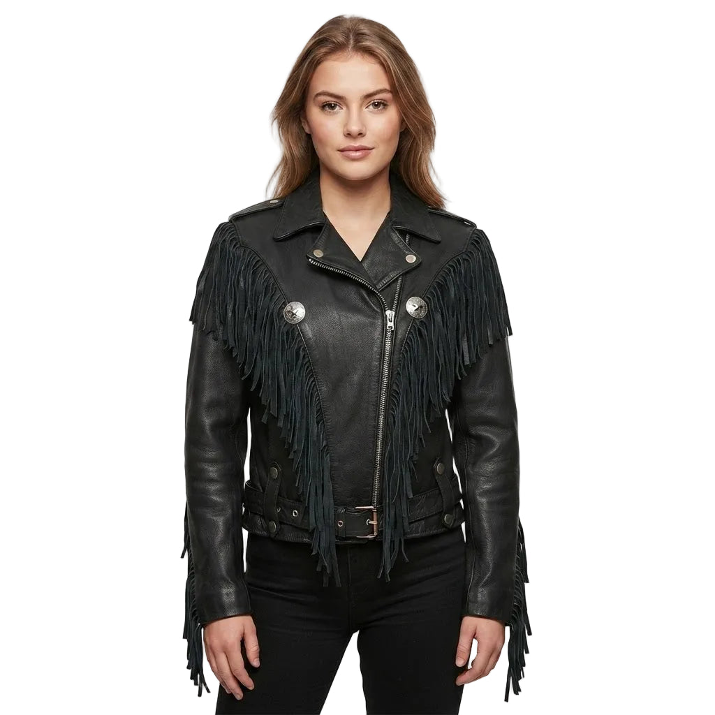 A woman modeling a black leather fringe jacket with silver-tone snap and zipper details, paired with black pants, against a plain white background.