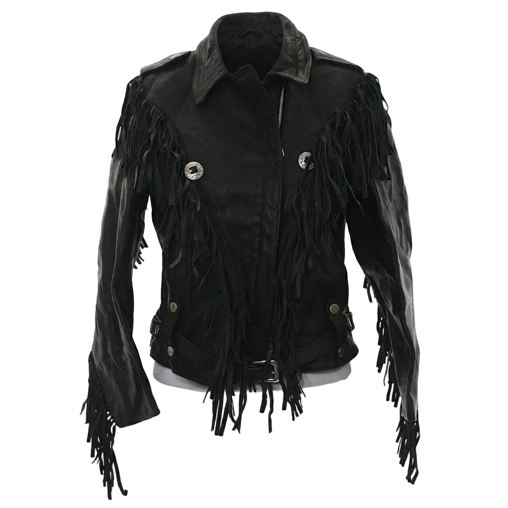 Black leather fringe jacket with silver-tone snap buttons and a pointed collar, shown on a plain white background.