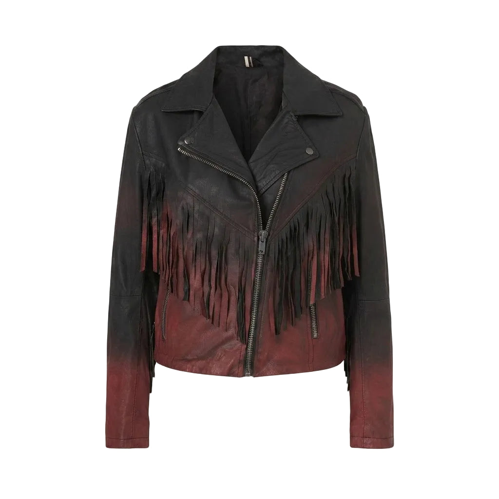 A women's cropped leather jacket with a black-to-burgundy ombre gradient and long fringe detailing, shown against a plain white background.