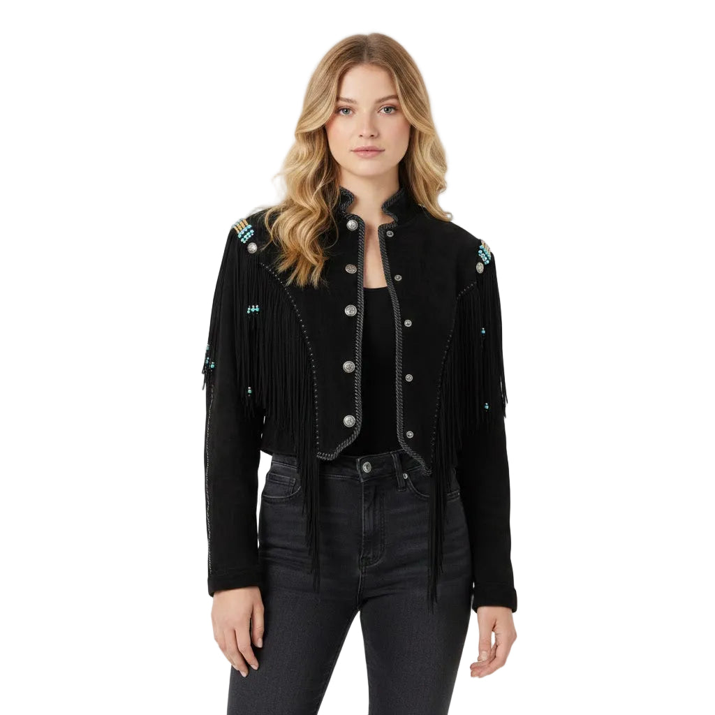 Woman wearing a black jacket with fringe details on a white background
