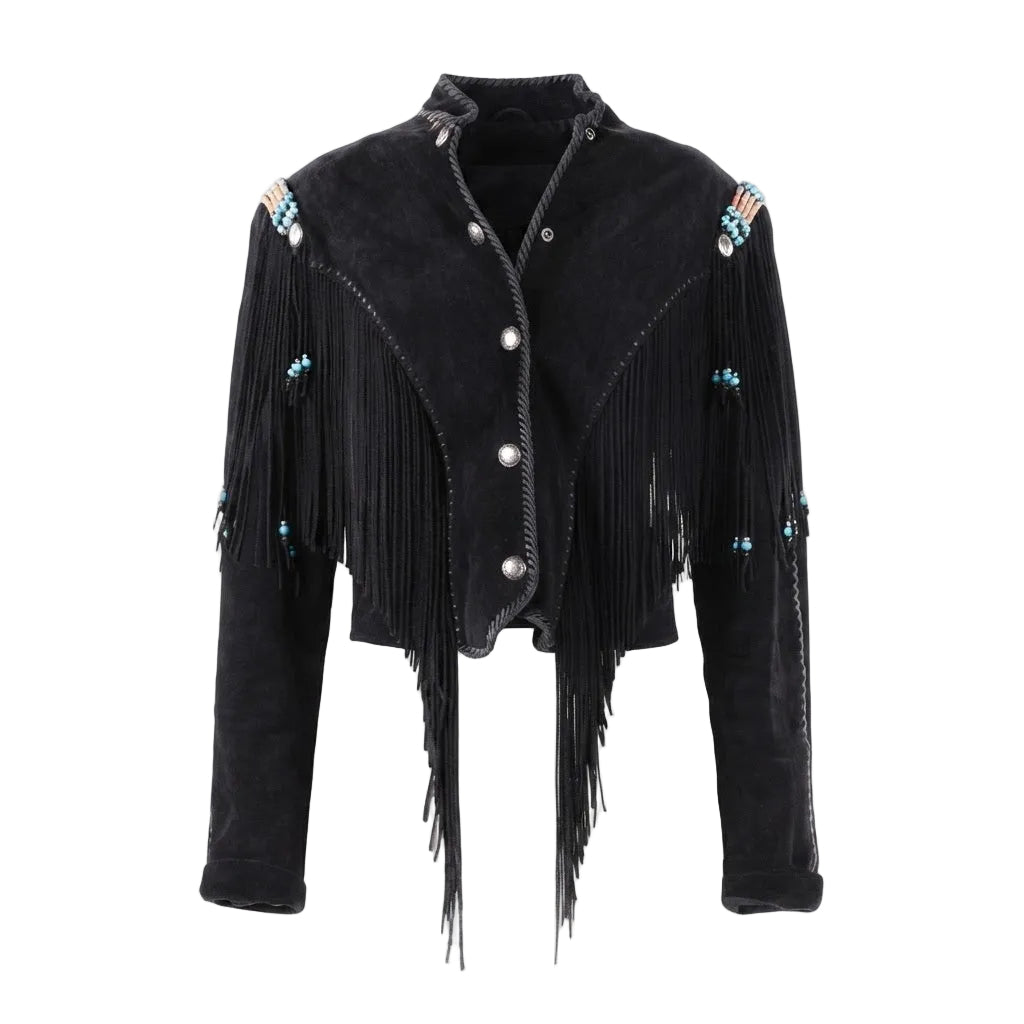Black suede fringe jacket with silver-tone buttons, turquoise and white beaded shoulder details, and long hanging fringe, shown on a plain white background.