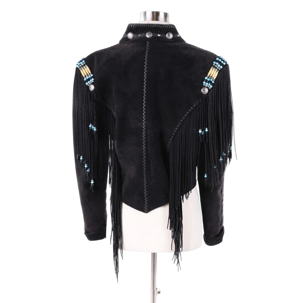 Black suede fringe jacket with turquoise and gold beaded details on the shoulders, displayed on a white mannequin torso against a white background.