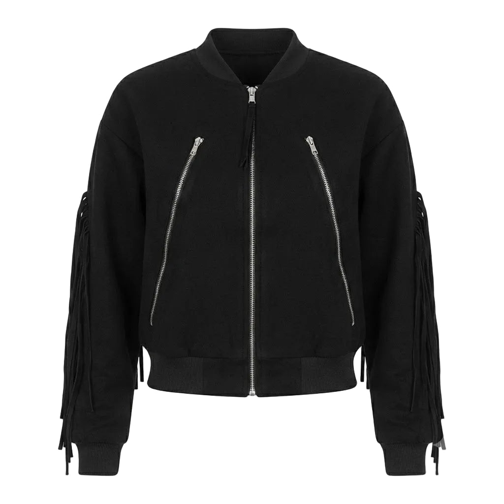 A black bomber jacket with silver zipper details and long fringe sleeves, shown against a plain white background.
