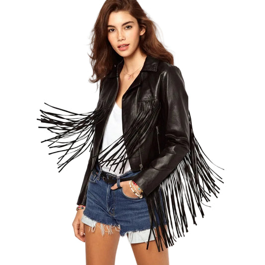 Woman wearing a black leather jacket with fringe on a white background
