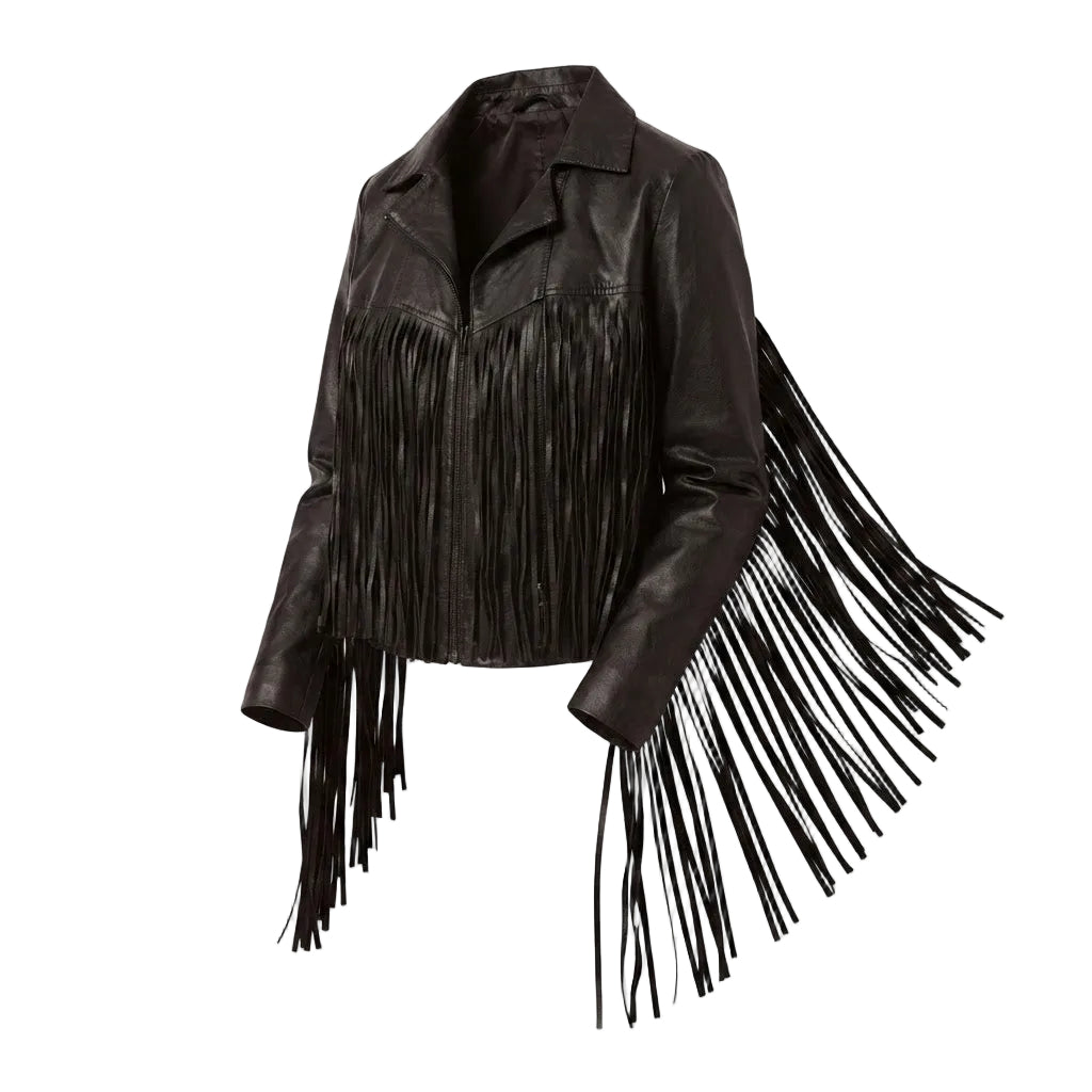 A black leather fringe jacket with a pointed collar, long fringe detailing across the front and sleeves, and a draped fringed panel on one side, shown against a plain white background.
