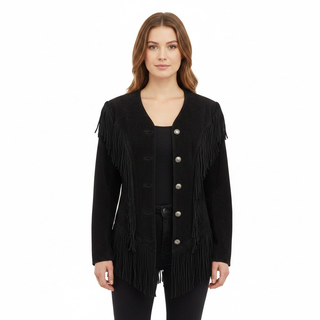 Woman wearing a black fringed jacket on a white background