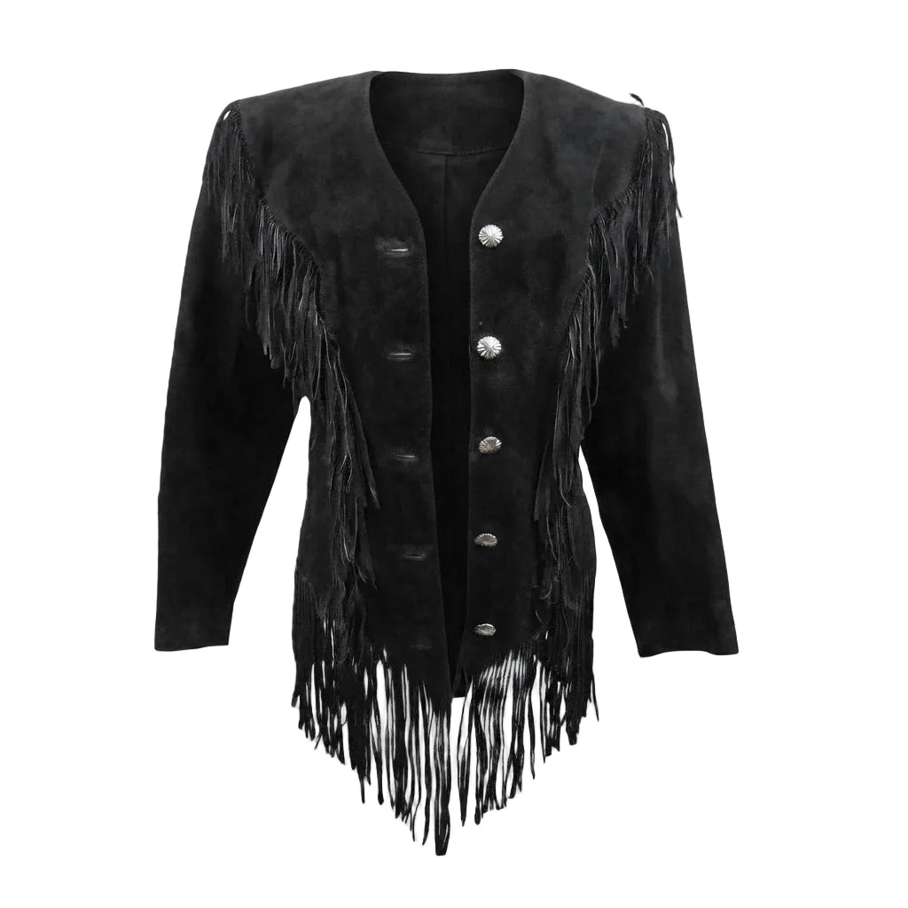 Black suede fringe jacket with silver-tone buttons, displayed on a white background.
