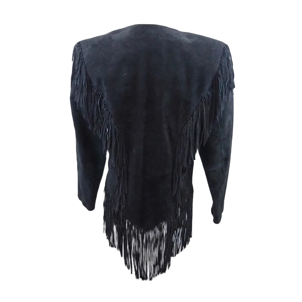 Black suede fringe jacket on a white background