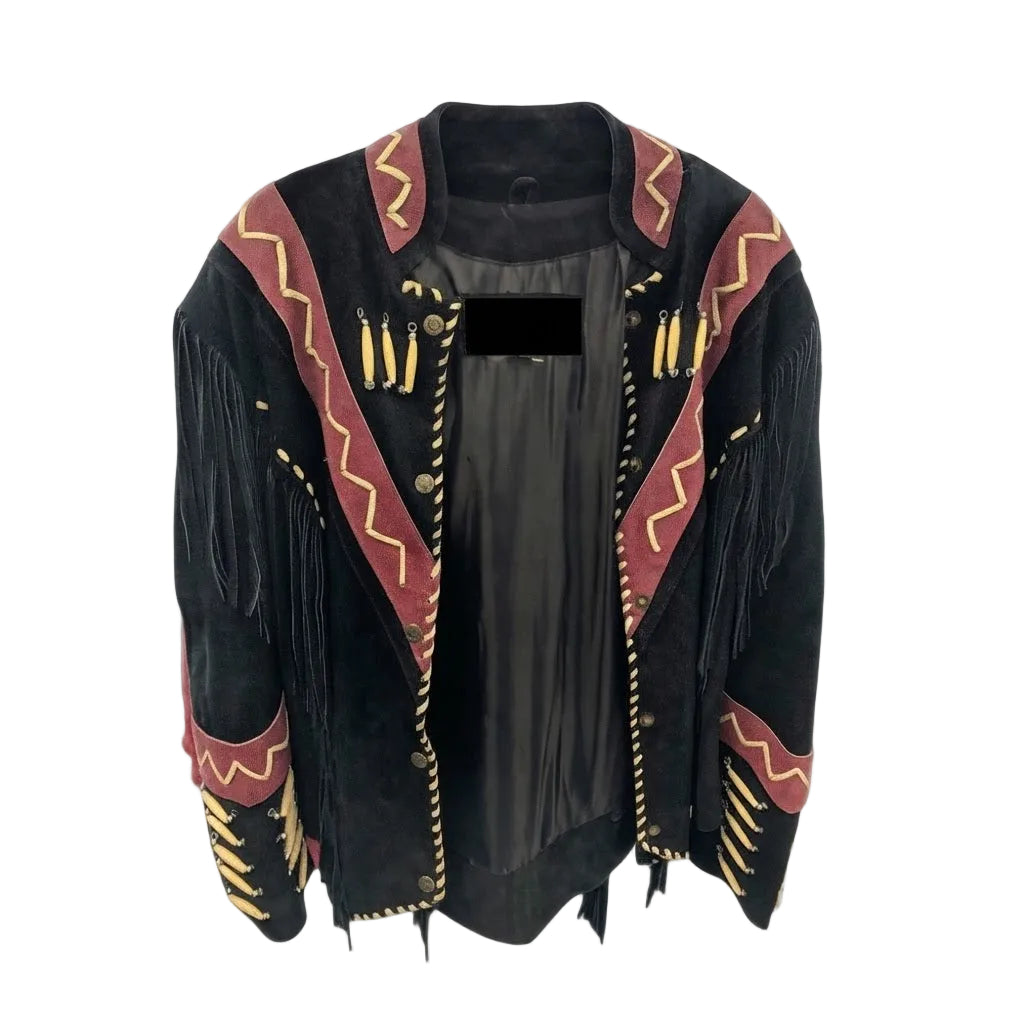 A black suede fringe jacket with red and gold geometric patterned trim, displayed against a plain white background.