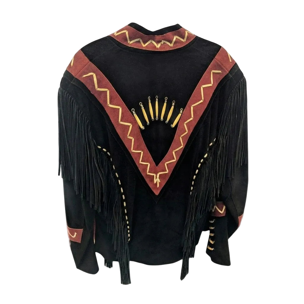 A black suede fringe jacket displayed against a plain white background.