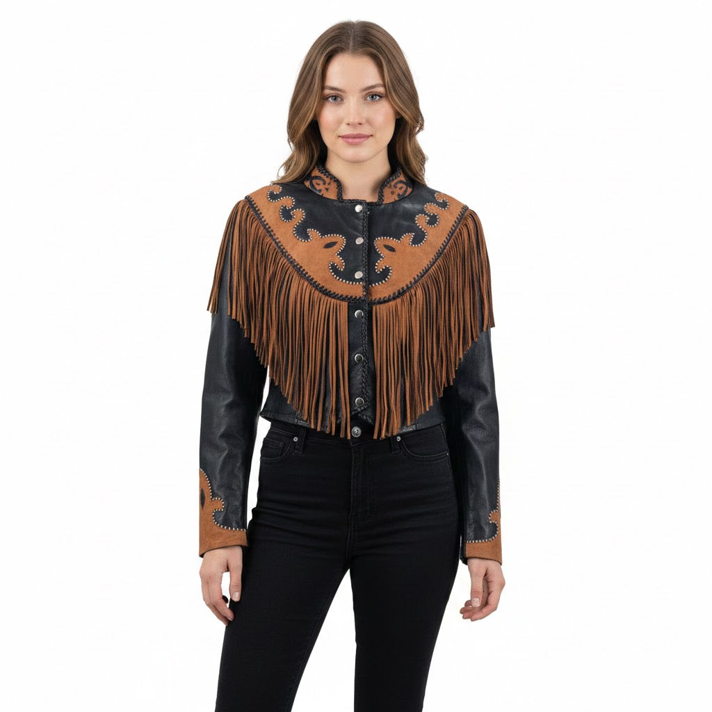 Woman wearing a black and brown leather jacket with fringe on a white background