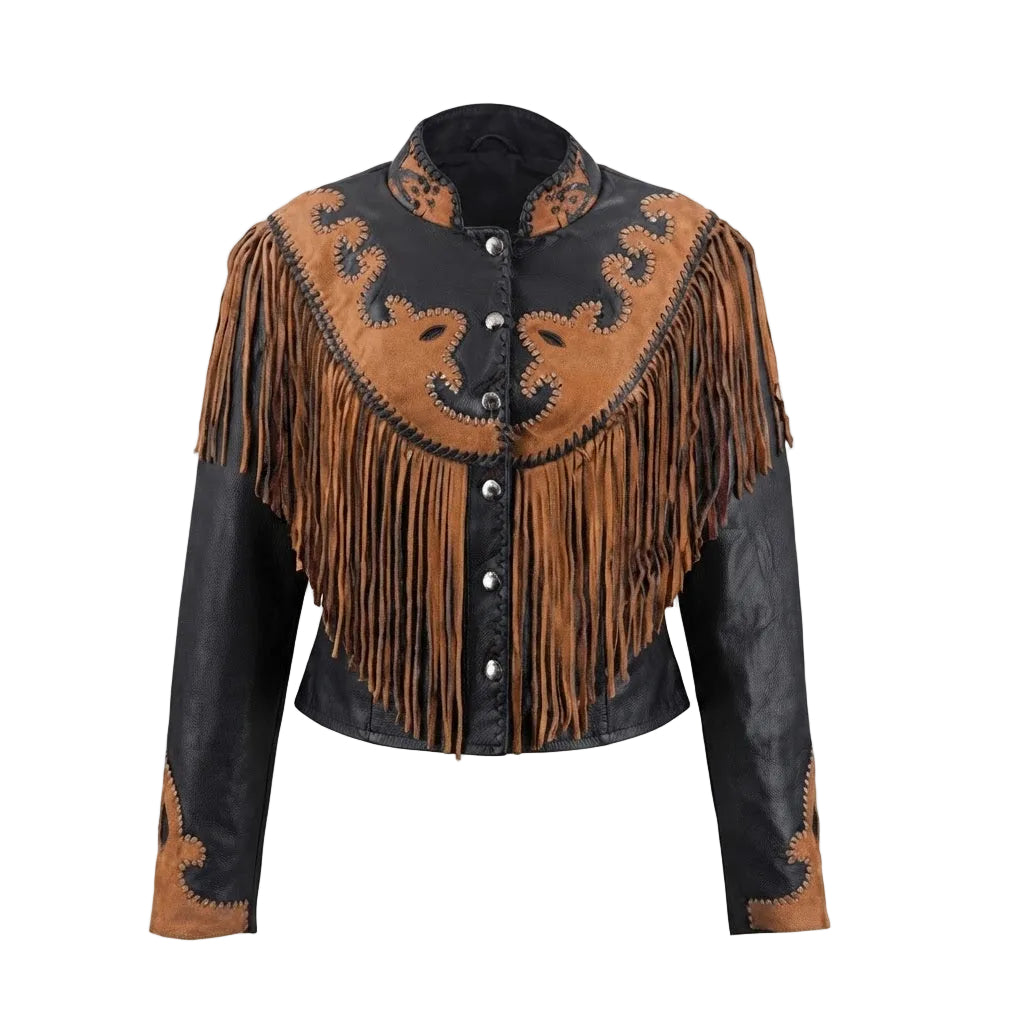 A cropped western-style jacket featuring black faux leather sleeves and collar, tan suede-like body panels, and a large fringed yoke with embroidered details, shown on a plain white background.