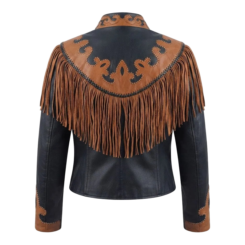 A women's black faux leather jacket with a large brown leather yoke featuring fringe, cutout western patterns, and matching fringe on the sleeves, shown from the back on a white background.