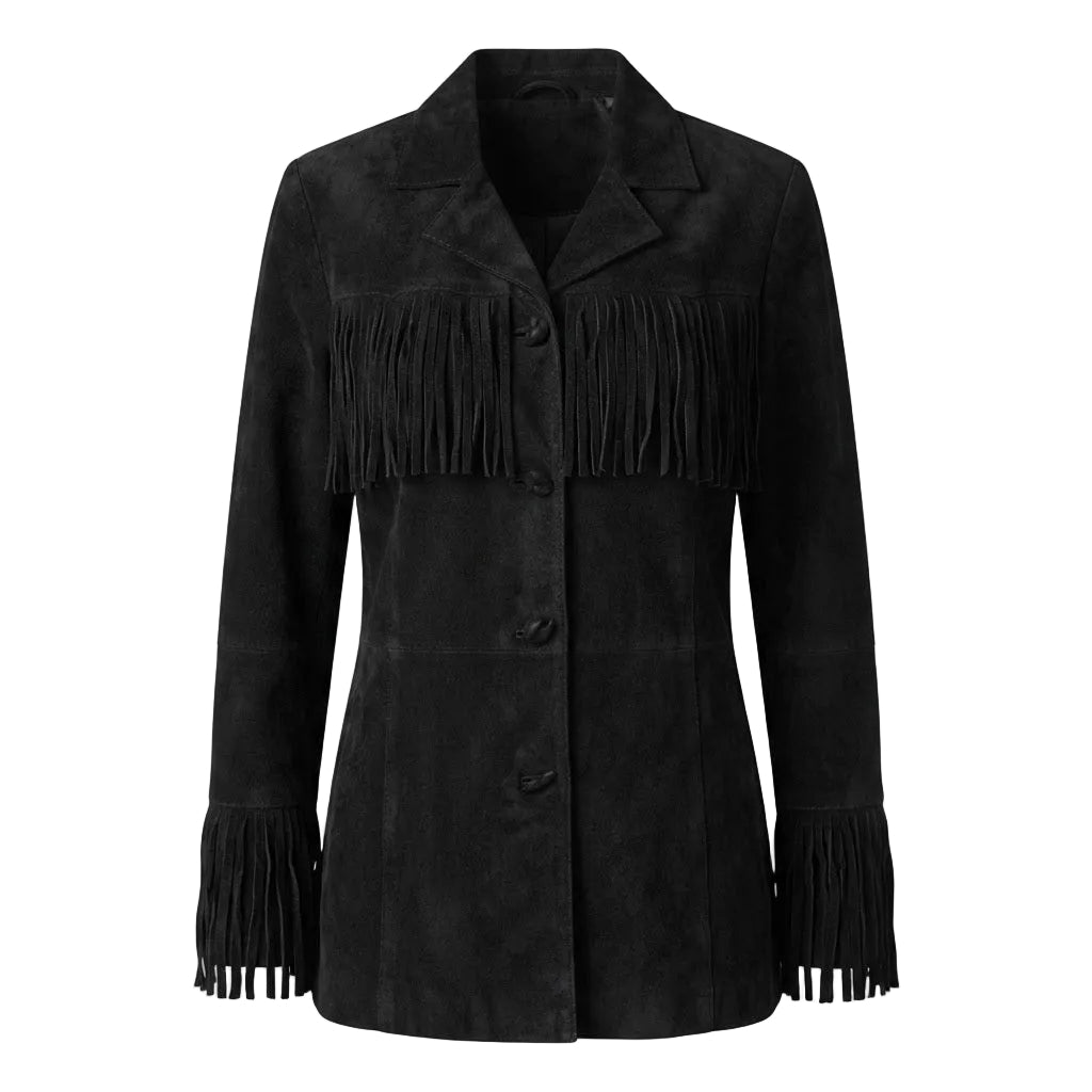 A black suede-like fringed jacket with a notched lapel collar, three front buttons, and fringe detailing across the chest and at the cuffs, shown on a plain white background.