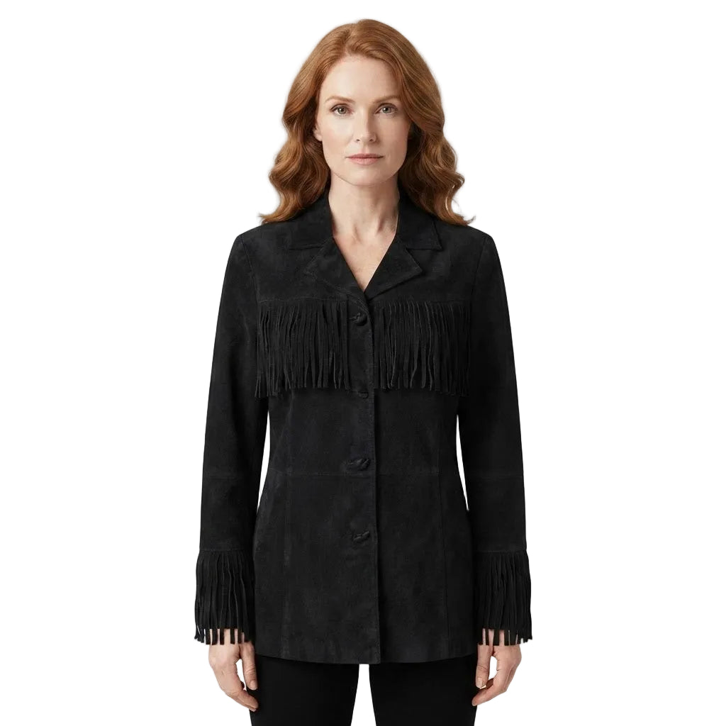 A woman modeling a black suede-like fringed jacket with button front and wide lapels, photographed against a plain white studio background.