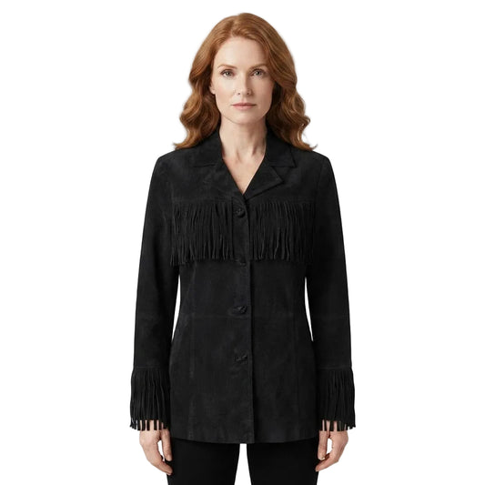 A woman modeling a black suede-like fringed jacket with button front and wide lapels, photographed against a plain white studio background.