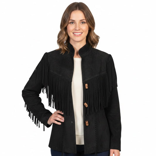Woman wearing a black fringed jacket on a white background