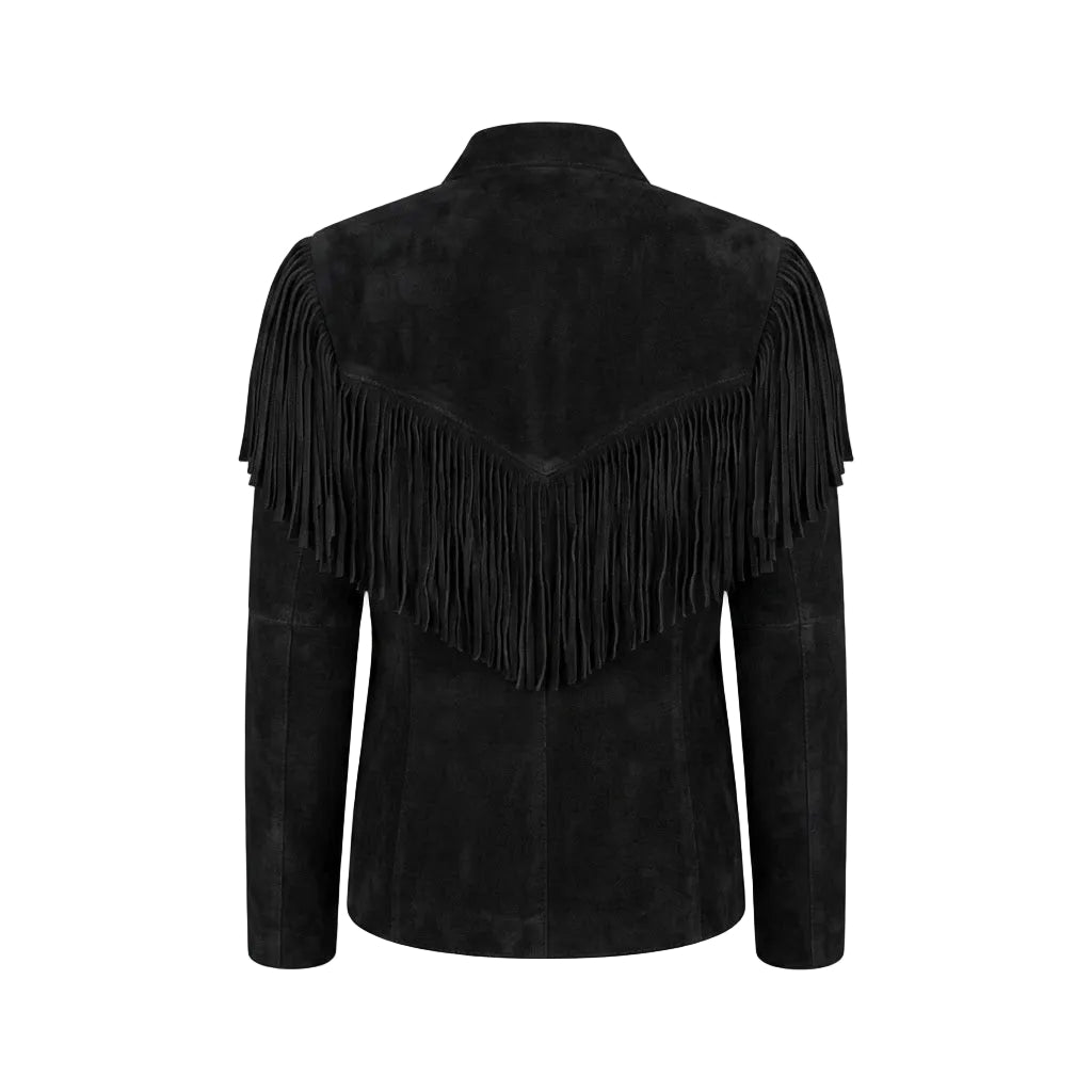 Black suede fringe jacket shown from the back, featuring long fringe detailing across the shoulders and upper back, set against a plain white background.