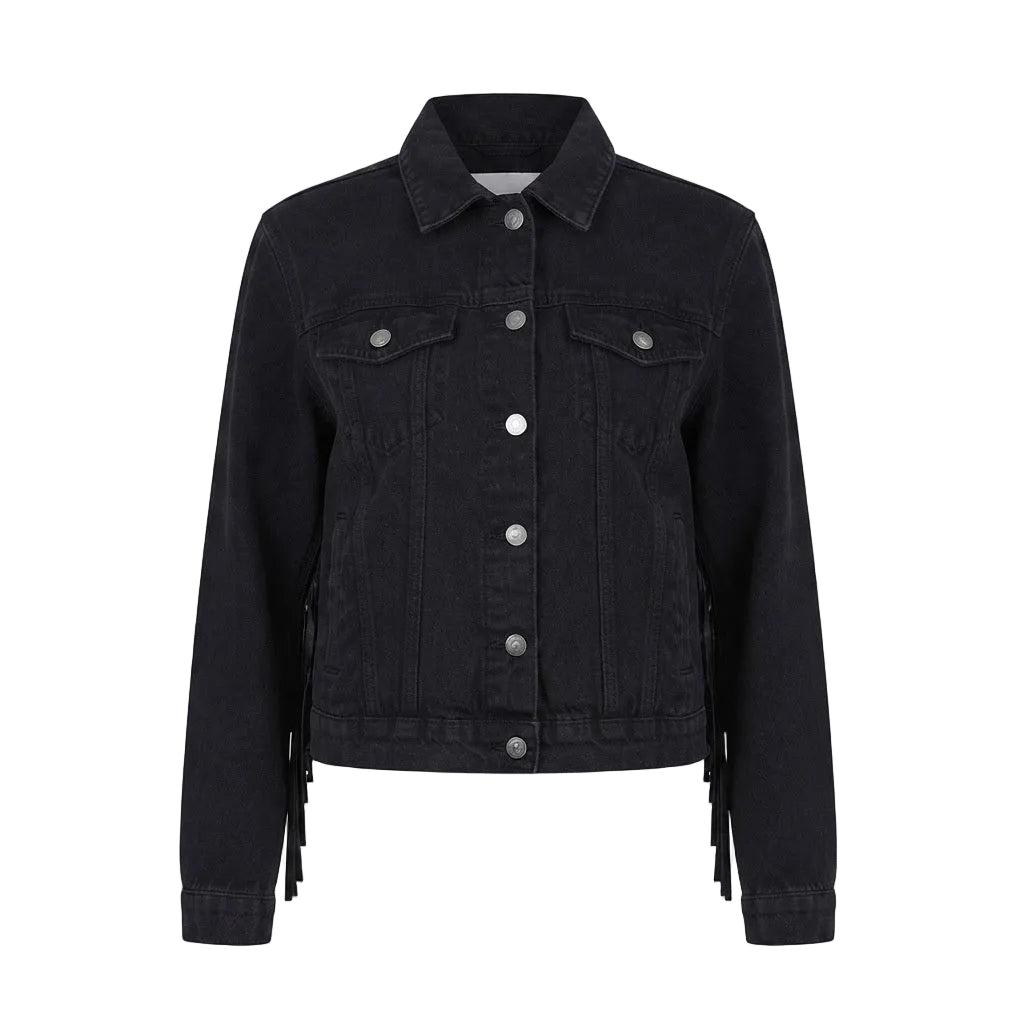 A black leather jacket with silver-tone snap buttons, flap chest pockets, and fringe detailing along the hem and cuffs, shown against a plain white background.