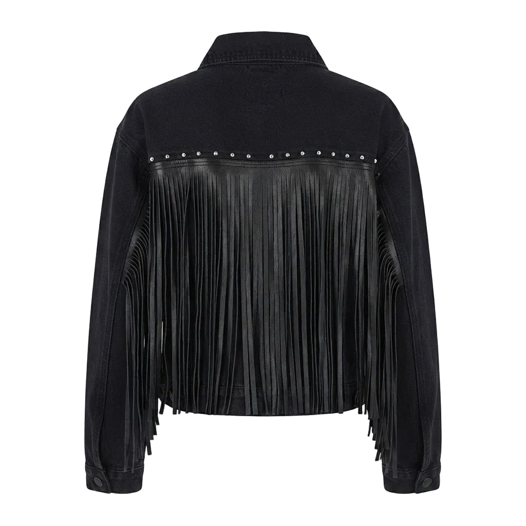 Black fringed jacket with silver studs across the shoulders, shown from the back on a white background.