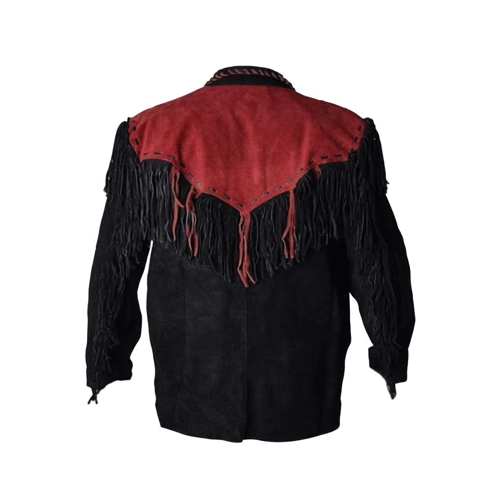 A black suede fringe jacket with a contrasting red suede yoke on the back, featuring long black fringe draped over the shoulders and upper back.