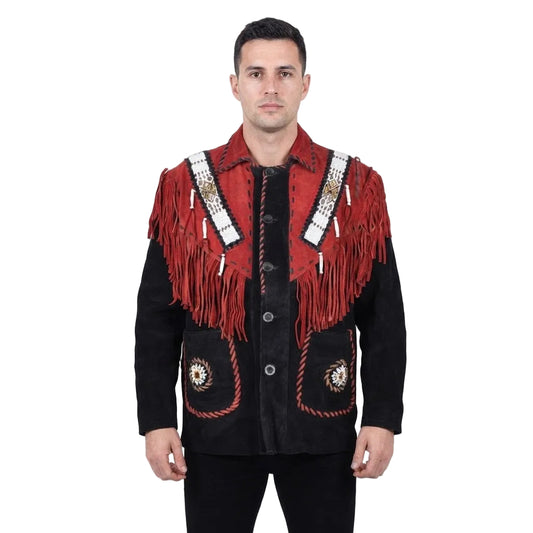 A man modeling a black suede jacket with prominent red fringe, white beaded shoulder straps, and decorative embroidered pockets, set against a plain light gray background.