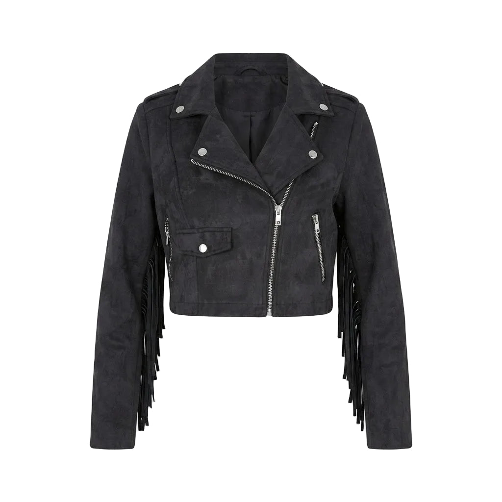 A black faux-suede cropped moto jacket with silver-tone hardware, featuring fringe detailing along the front and sleeves, set against a plain white background.