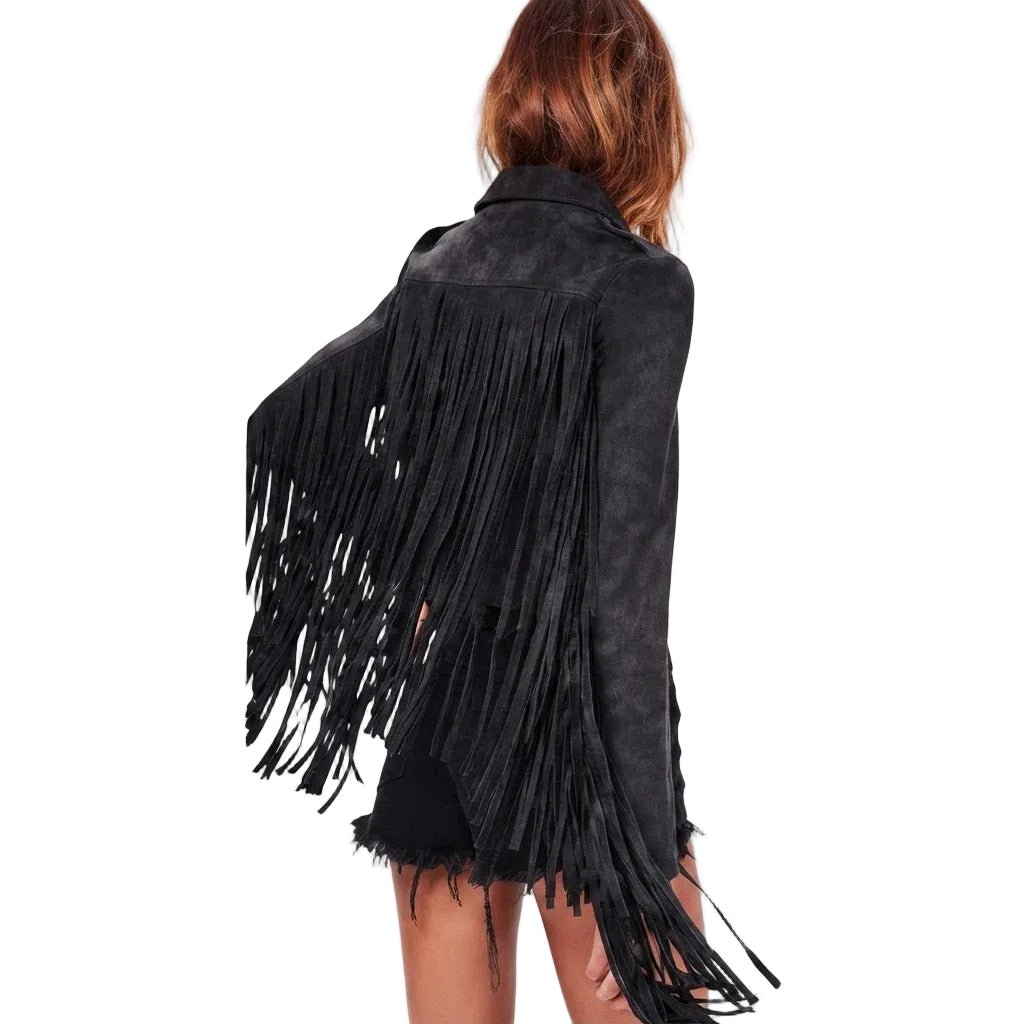 A model shown from the back wearing a black suede fringe jacket against a plain white studio background.