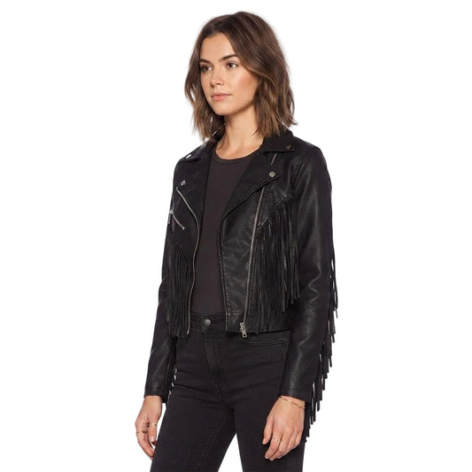 A woman wear a black leather jacket with fringes on white background