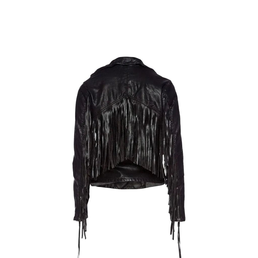  A black leather jacket with fringes on white background