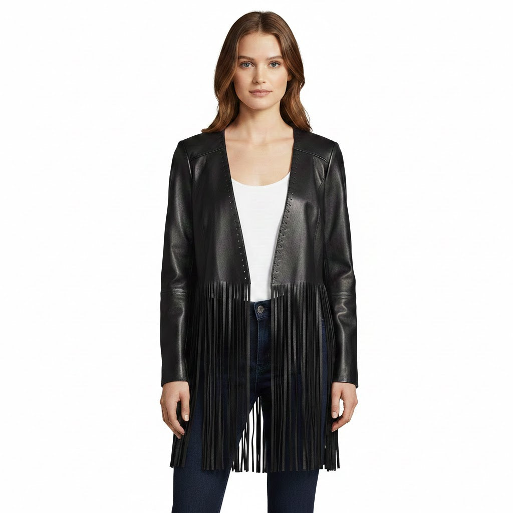 Woman wearing a black fringe leather jacket on a white background