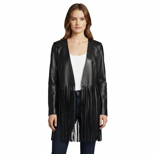 Woman wearing a black fringe leather jacket on a white background