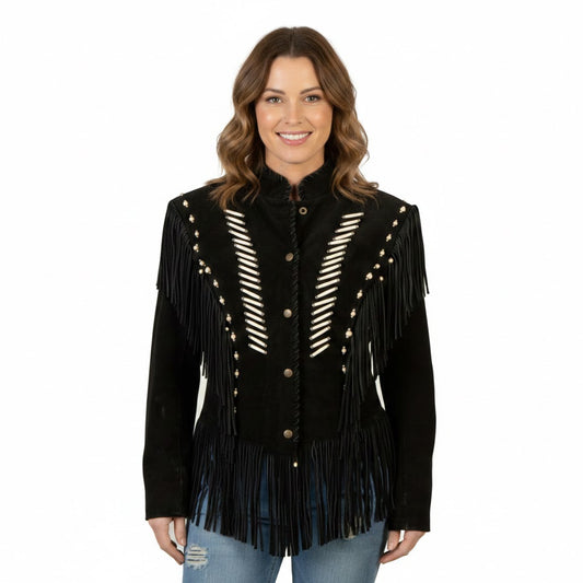 Woman wearing a black fringed jacket with gold buttons on a white background