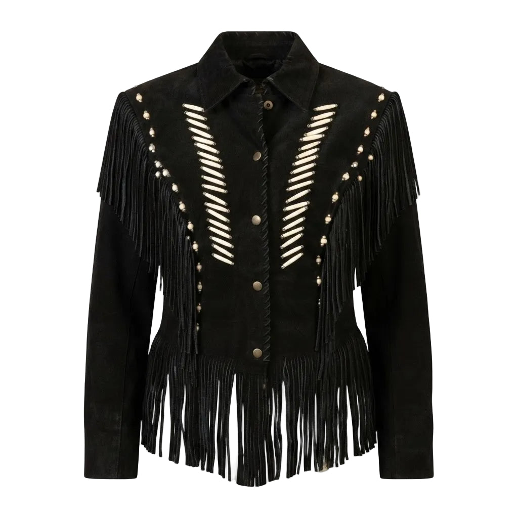 A black suede western-style jacket with long fringe, decorative cutout details on the front, and gold-toned buttons, shown against a plain white background.