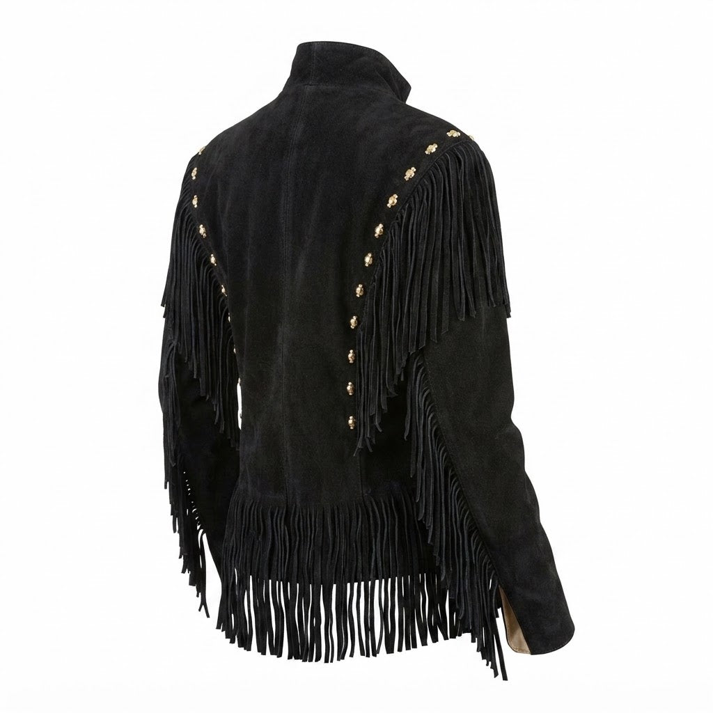 Black suede leather jacket with fringes on a white background
