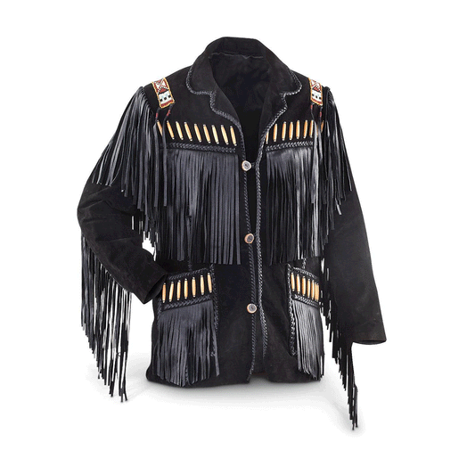 Western Black Suede Leather Fringe Beaded Jacket Cowboy Jacket LWJ366