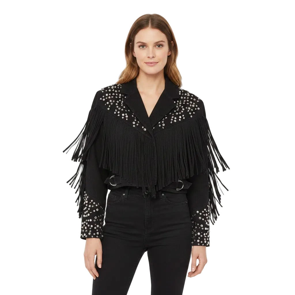 Black fringe jacket with silver studs worn by a model on a white background