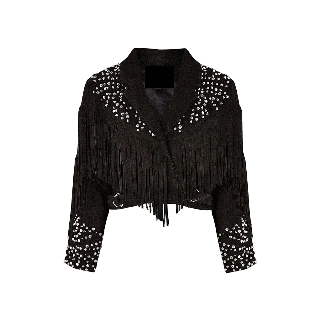 A black cropped fringe jacket with silver rhinestone embellishments on the shoulders, sleeves, and hem, displayed against a solid white background.