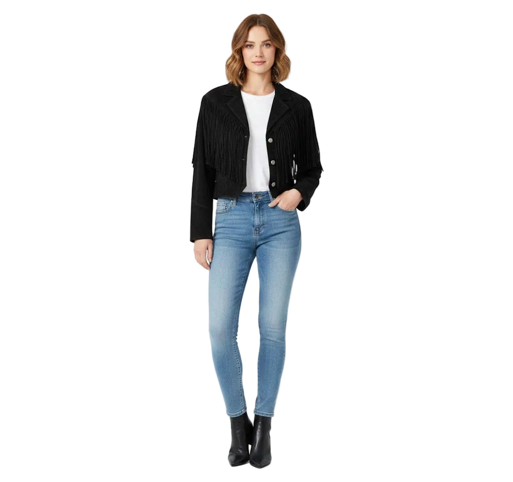 Woman wearing a black jacket, white shirt, and blue jeans on a white background