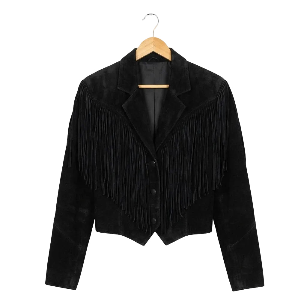 A black suede leather jacket with fringes on white background
