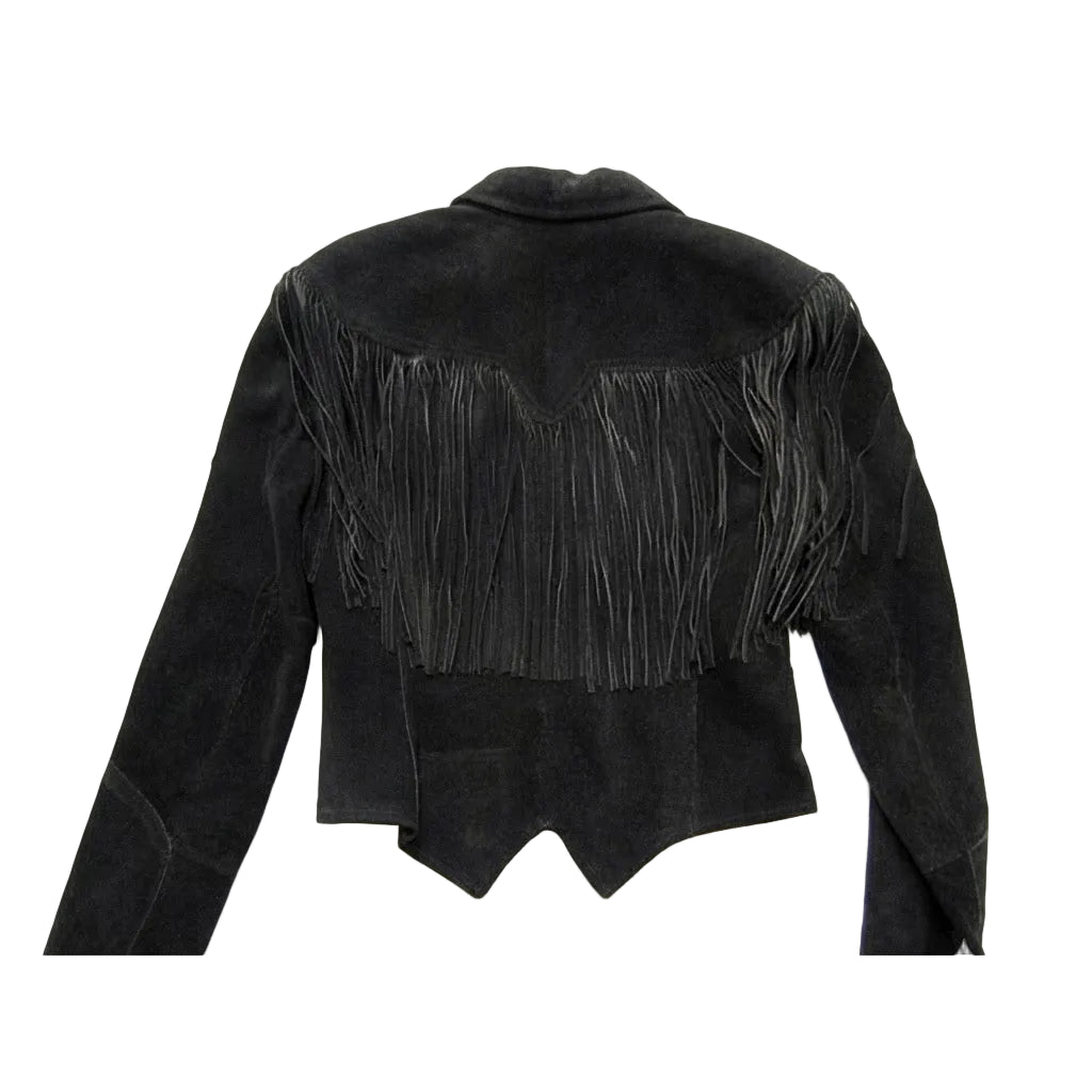 A black suede leather jacket with fringes show from the back on white background