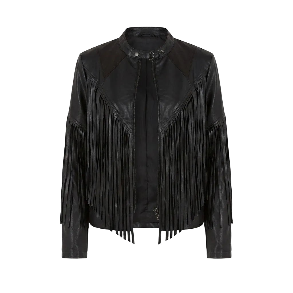A black leather fringe jacket with a stand-up collar, front zipper, and long hanging fringe detailing on the front and sleeves, shown against a plain white background.