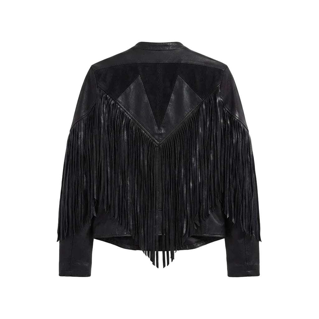 A black leather fringe jacket with a V-shaped panel design on the back, shown against a plain white background.