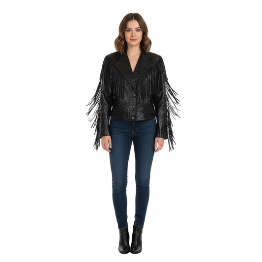 Woman wearing a black leather fringe jacket on a white background