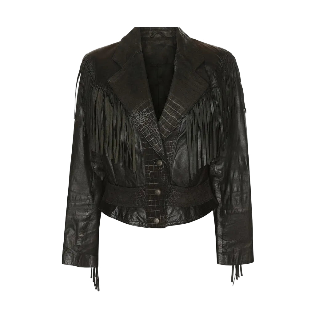 A black faux-leather moto jacket featuring a mix of smooth leather panels, crocodile-embossed texture, and long fringe detailing on the shoulders and sleeves, shown against a plain white background.